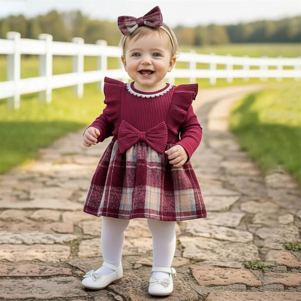 2PCS Fashion Plaid Print Long Sleeve Baby Girl Romper