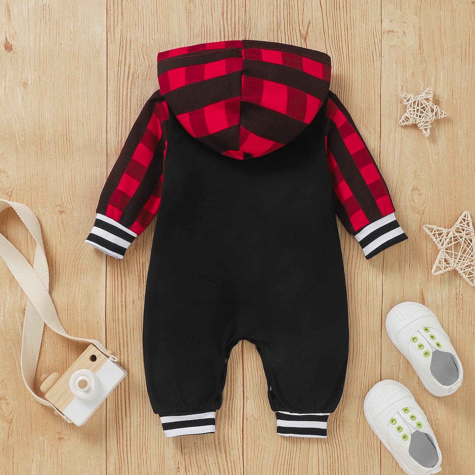 Cute Letter Plaid Printed Long Sleeve Hooded Baby Jumpsuit