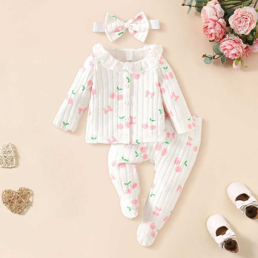 3PCS Cute Cherry Printed Knit Long Sleeve Baby Set