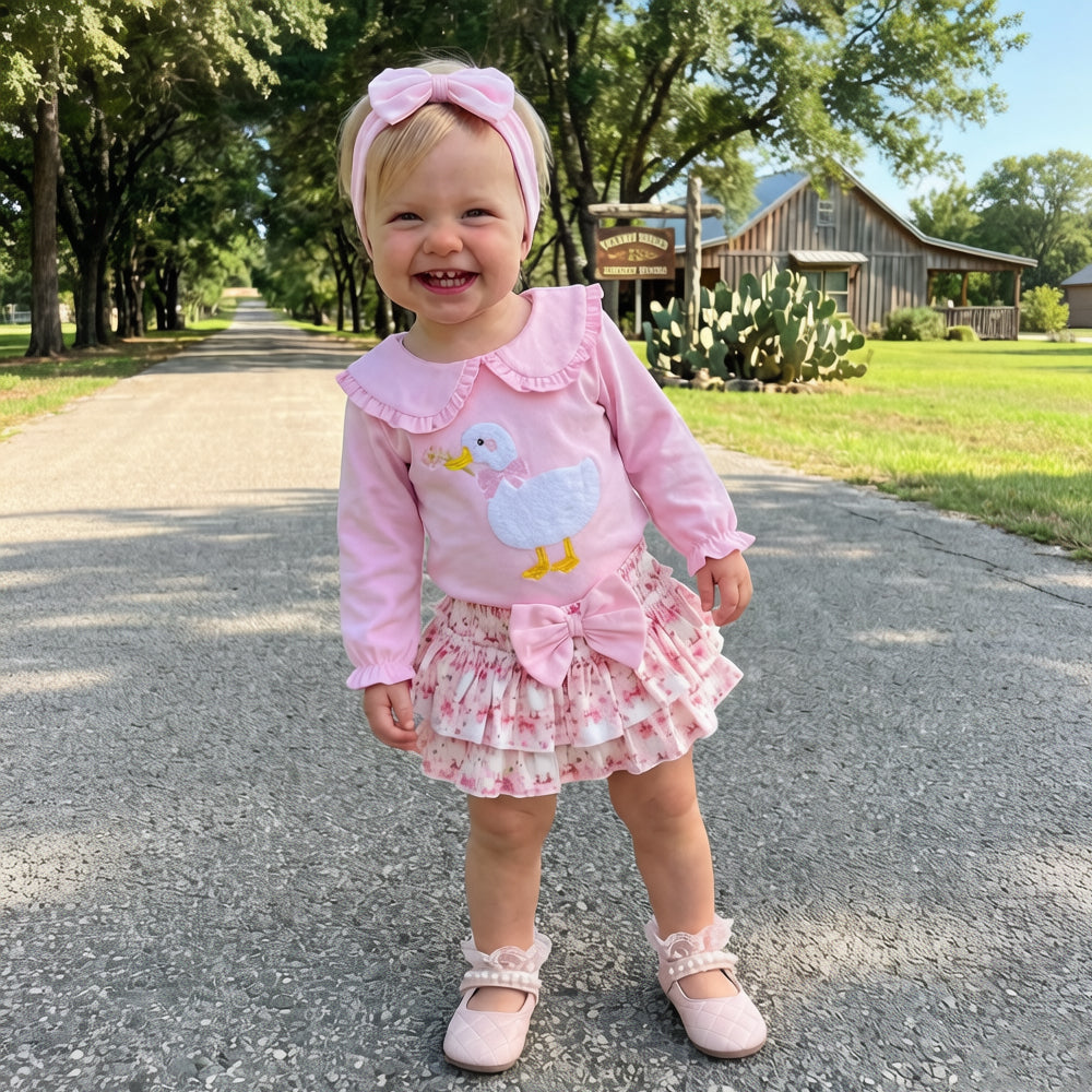 3PCS Duck Embroidery Bow Printed Long Sleeve Baby Girl Set