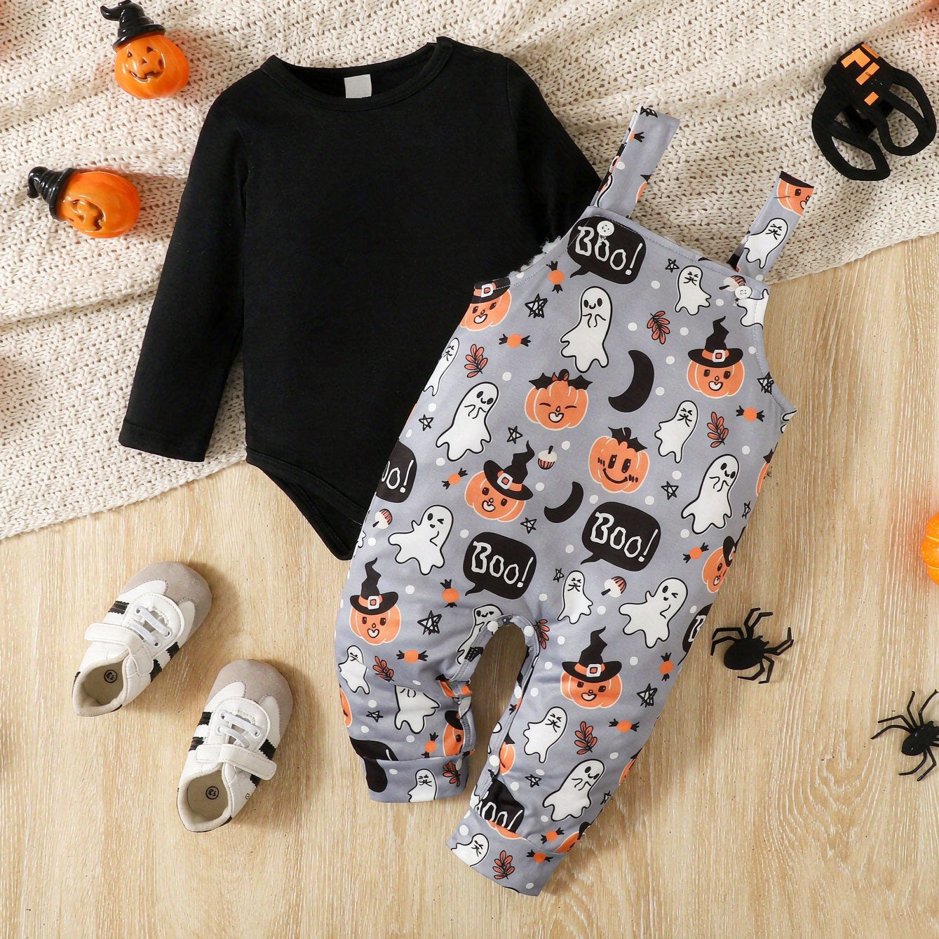 2PCS Halloween Boo Letter Pumpkin Print Long Sleeve Overalls Baby Set