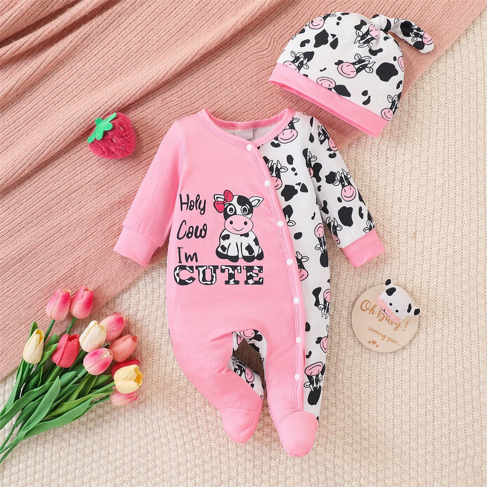 2PCS Holy Cow I'm Cute Letter Print Long Sleeve Baby Girl Jumpsuit