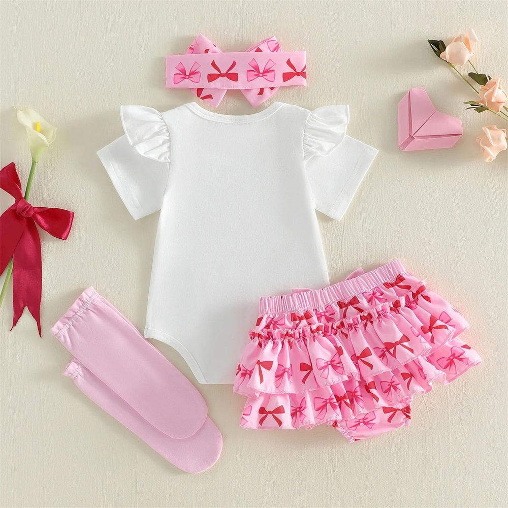 4PCS My First Mother's Day Letter Bow Printed Short Sleeve Baby Set