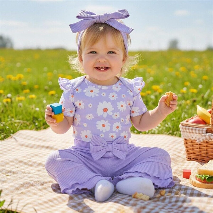 4PCS Cute Floral Printed Bow Short Sleeve Baby Set