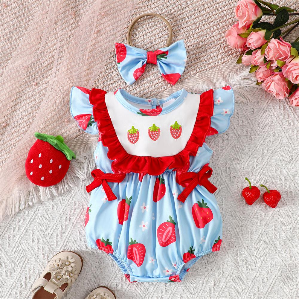 2PCS Lovely Strawberry & Floral Print Flutter Sleeve Baby Romper