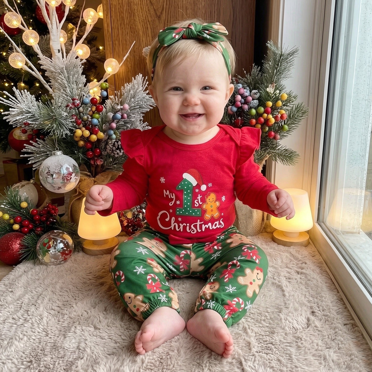 3PCS My 1st Christmas Letter Gingerbread Print Long Sleeve Baby Girl Set