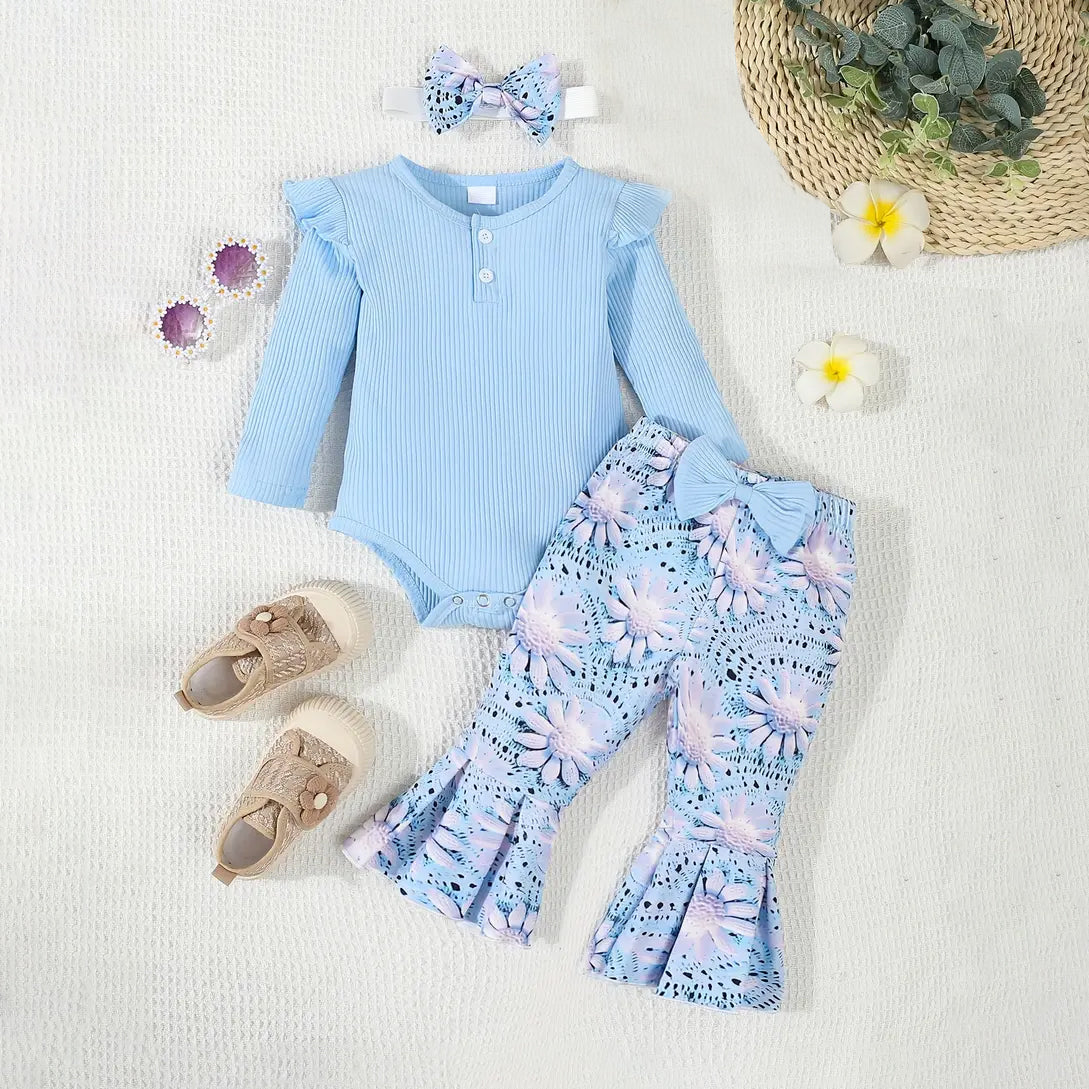 3PCS Pretty Floral Printed Long Sleeve Flare Pants Baby Set