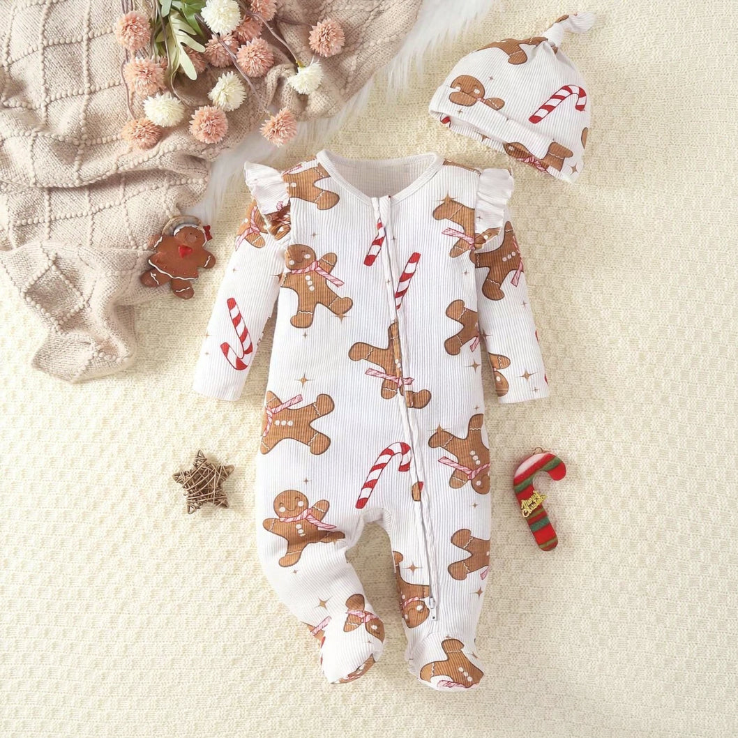 2PCS Gingerbread Candy Cane Print Long Sleeve Baby Zipper Jumpsuit