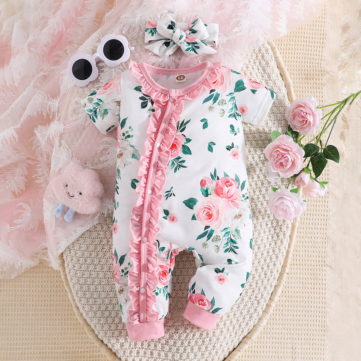 2PCS Floral Printed Ruffle Decor Short Sleeve Baby Jumpsuit