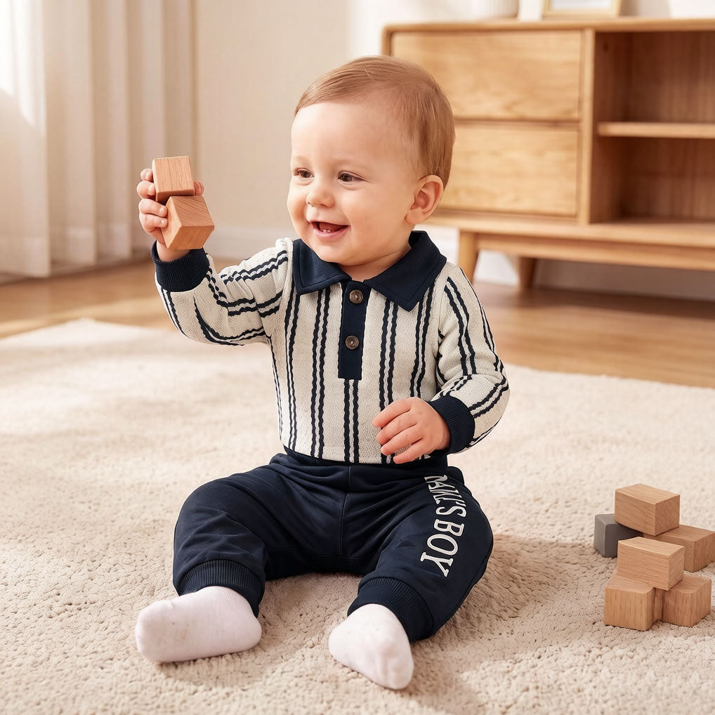 2PCS Chic Mama's Boy Letter Stripe Print Long Sleeve Baby Set