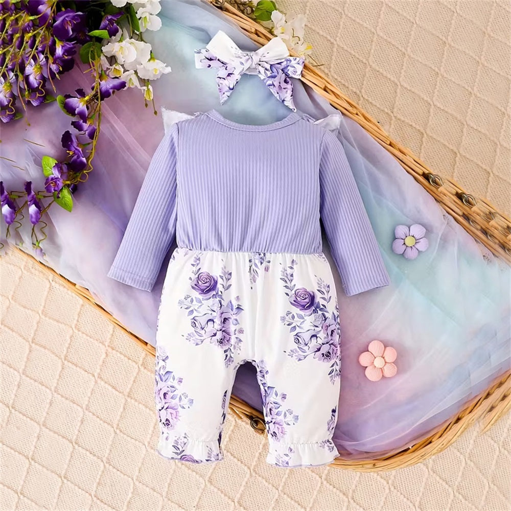 2PCS Purple Floral Print Bowknot Long Sleeve Baby Jumpsuit