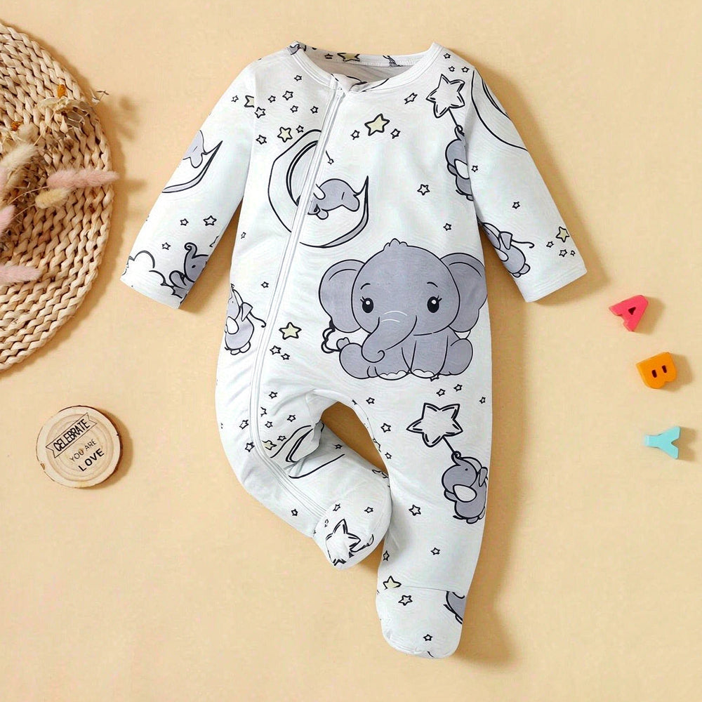 Lovely Elephant Stars Print Long Sleeve Zipper Baby Jumpsuit