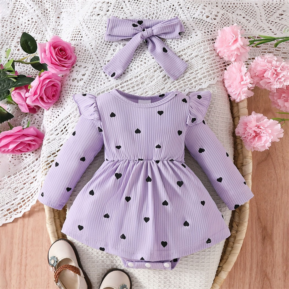 2PCS Stylish Heart Print Ruffle Shoulder Long Sleeve Baby Romper