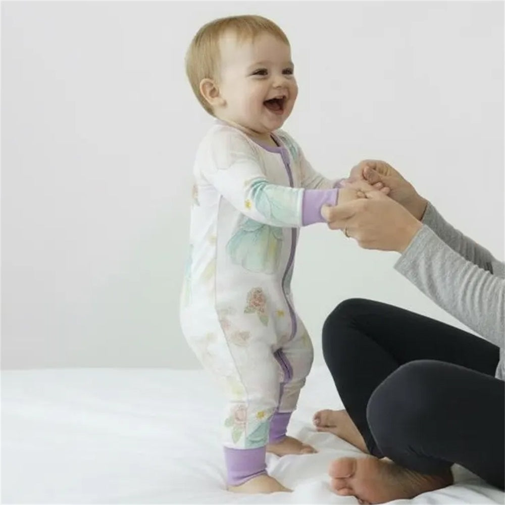 Casual Floral Print Long Sleeve Baby Zipper Jumpsuit