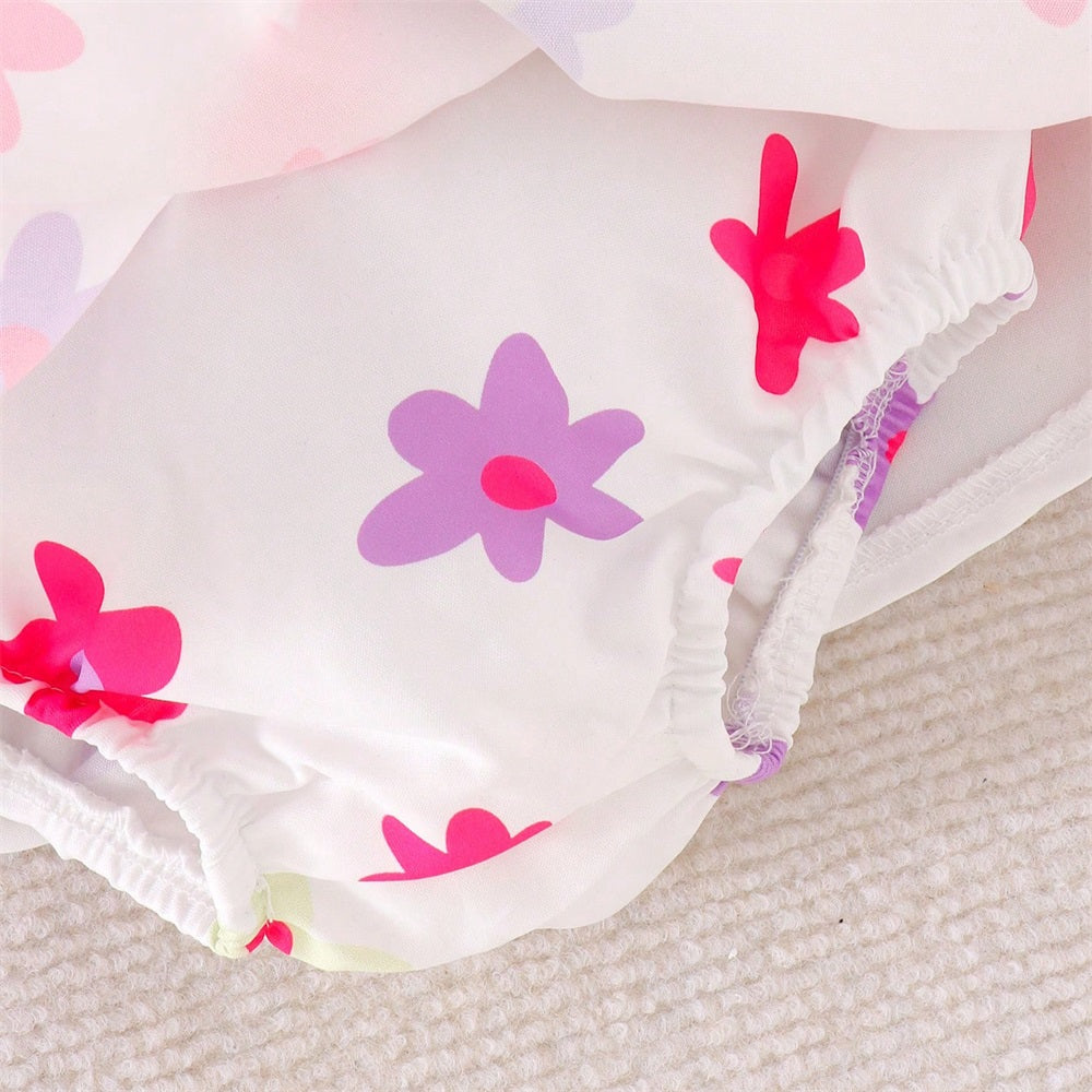 Casual Floral Printed Flounce Sleeve Baby Romper