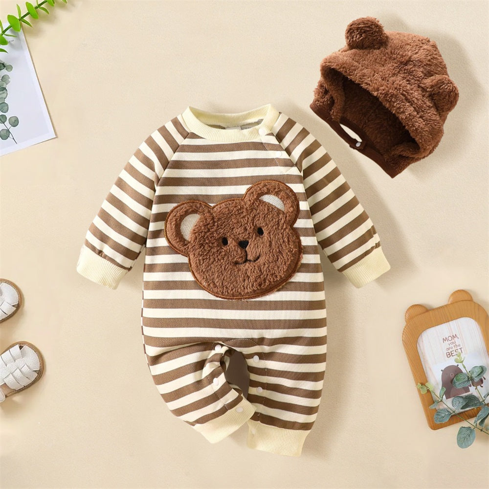 2PCS Cartoon Bear Embroidery striped Long Sleeve Baby Jumpsuit