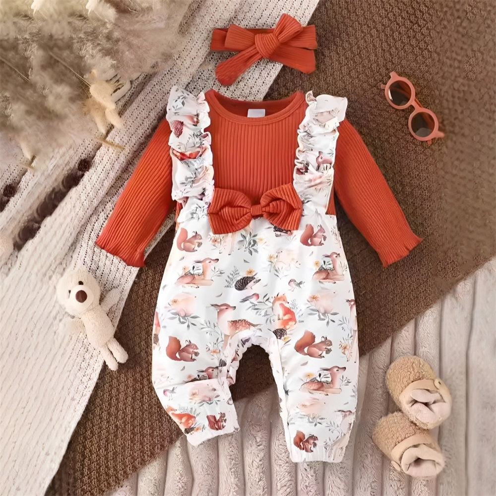 2PCS Cute Little Animals Print Long Sleeve Baby Jumpsuit