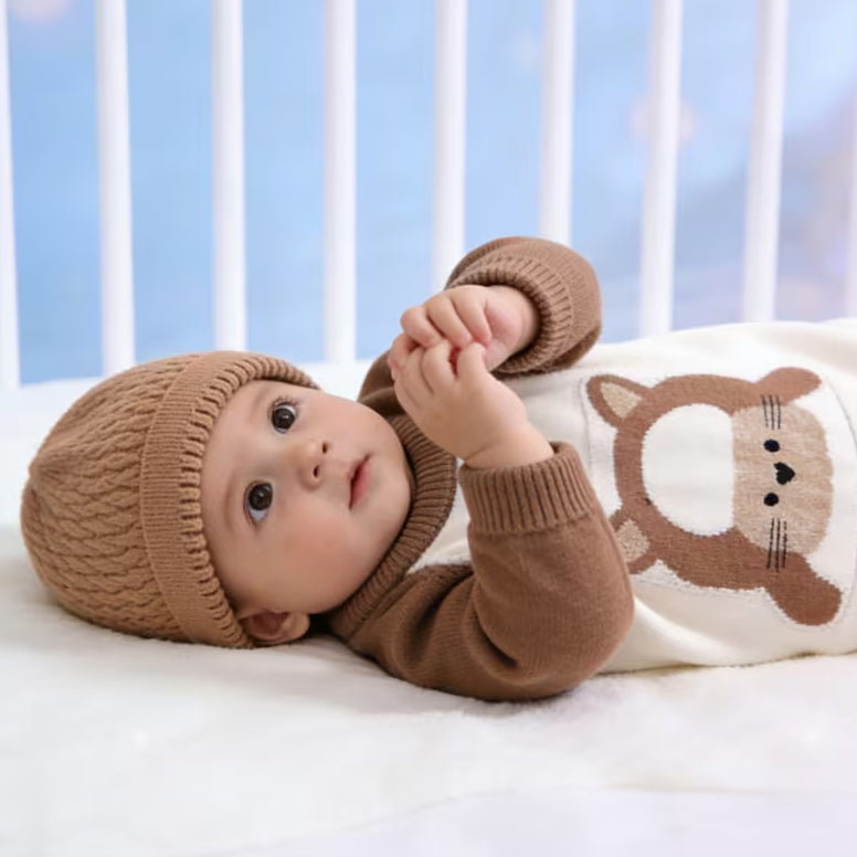 2PCS Cartoon Lamb Print Knit Long Sleeve Baby Jumpsuit