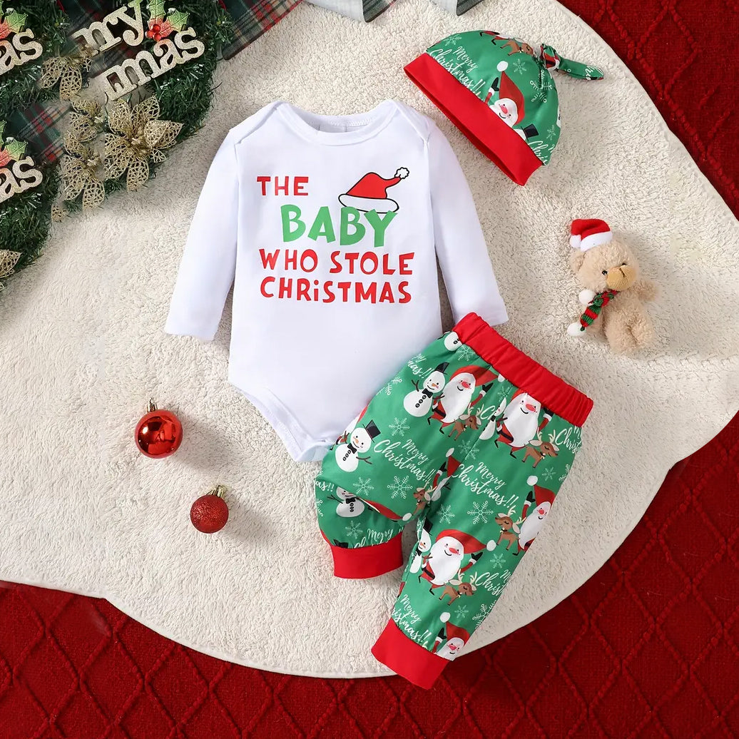 3PCS The Baby Who Stole Christmas Letter Santa Claus Printed Long Sleeve Baby Set