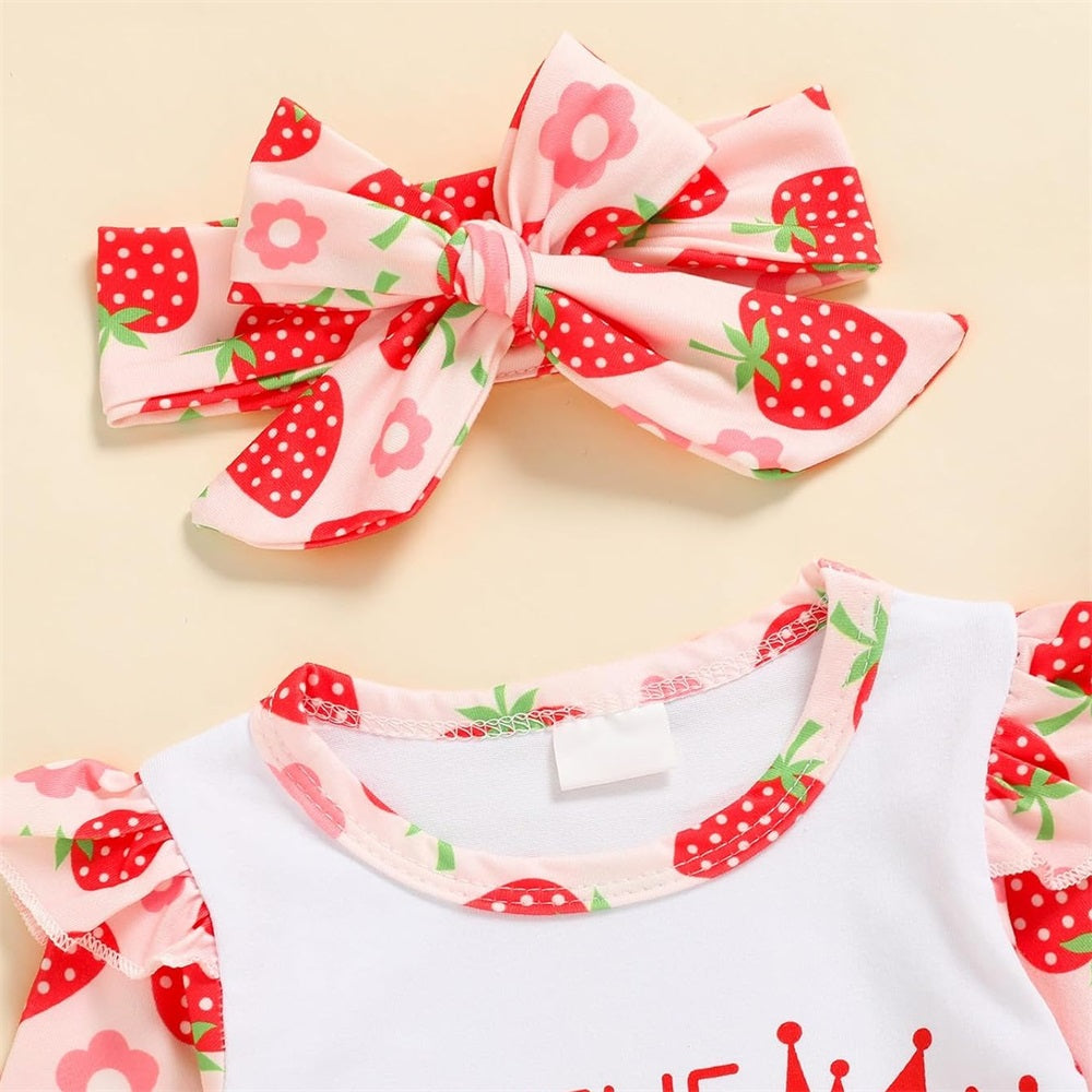 3PCS Princess Has Arrived Letter Strawberry Print Baby Jumpsuit