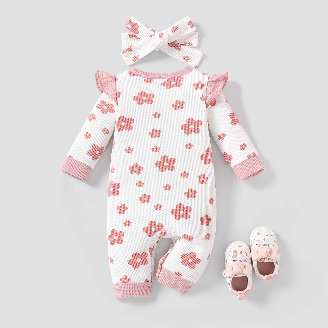 2PCS Sweet Floral Printed Ribbed Long Sleeve Baby Jumpsuit