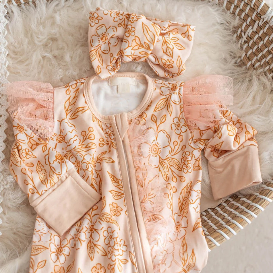 2PCS Allover Adorable Floral Print Zipper Mesh Baby Jumpsuit
