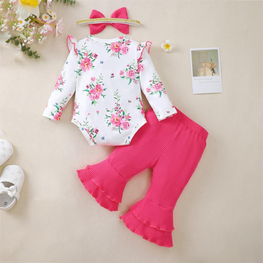 3PCS Pretty Floral Print Ruffle Shoulder Long Sleeve Baby Set