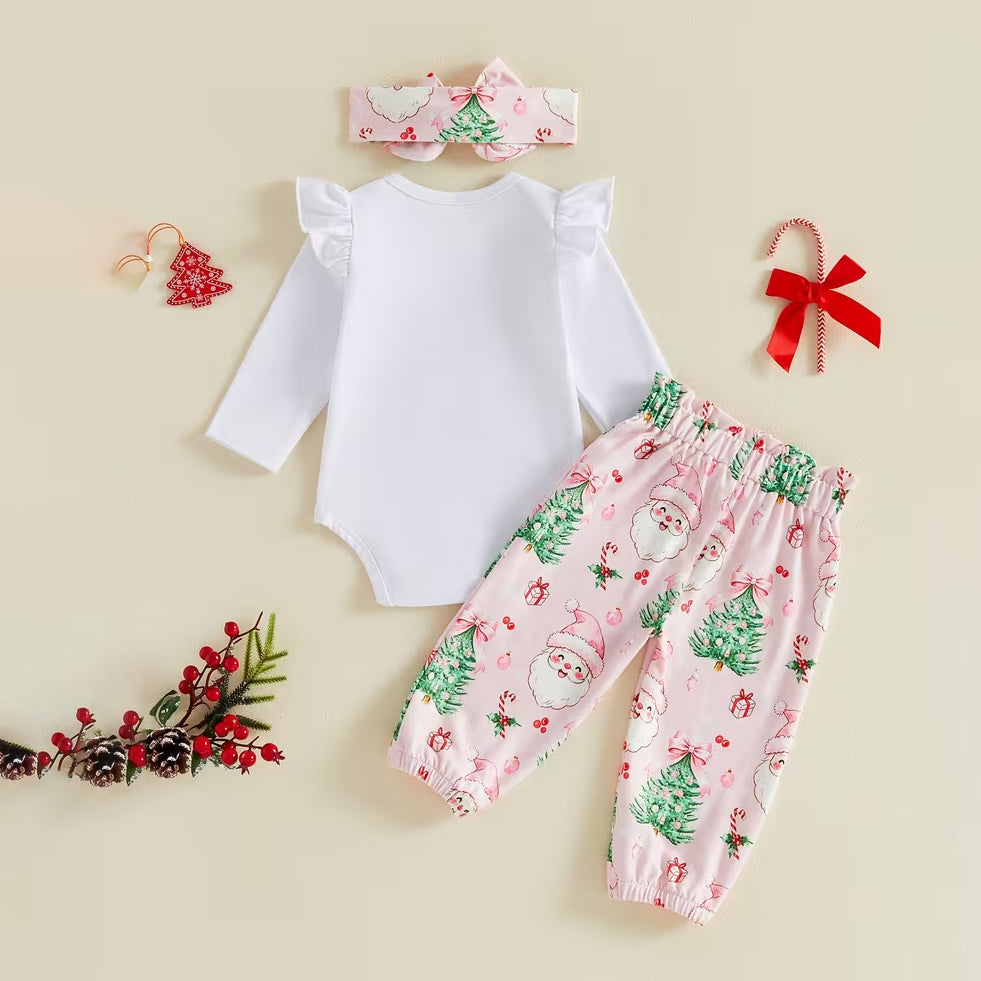 3PCS Chic My 1st Christmas Letter Santa Print Long Sleeve Baby Girl Set