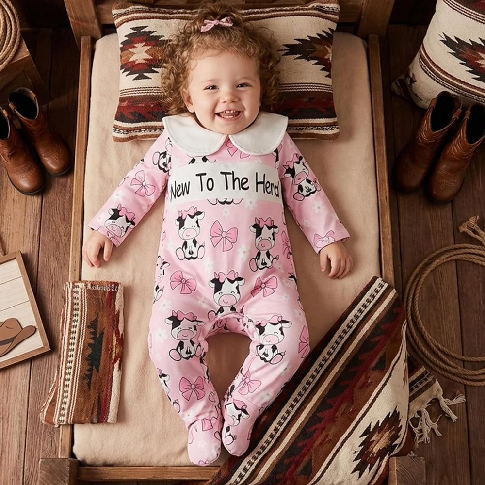 Lovely New To The Hero Letter Cow Printed Long Sleeve Baby Jumpsuit