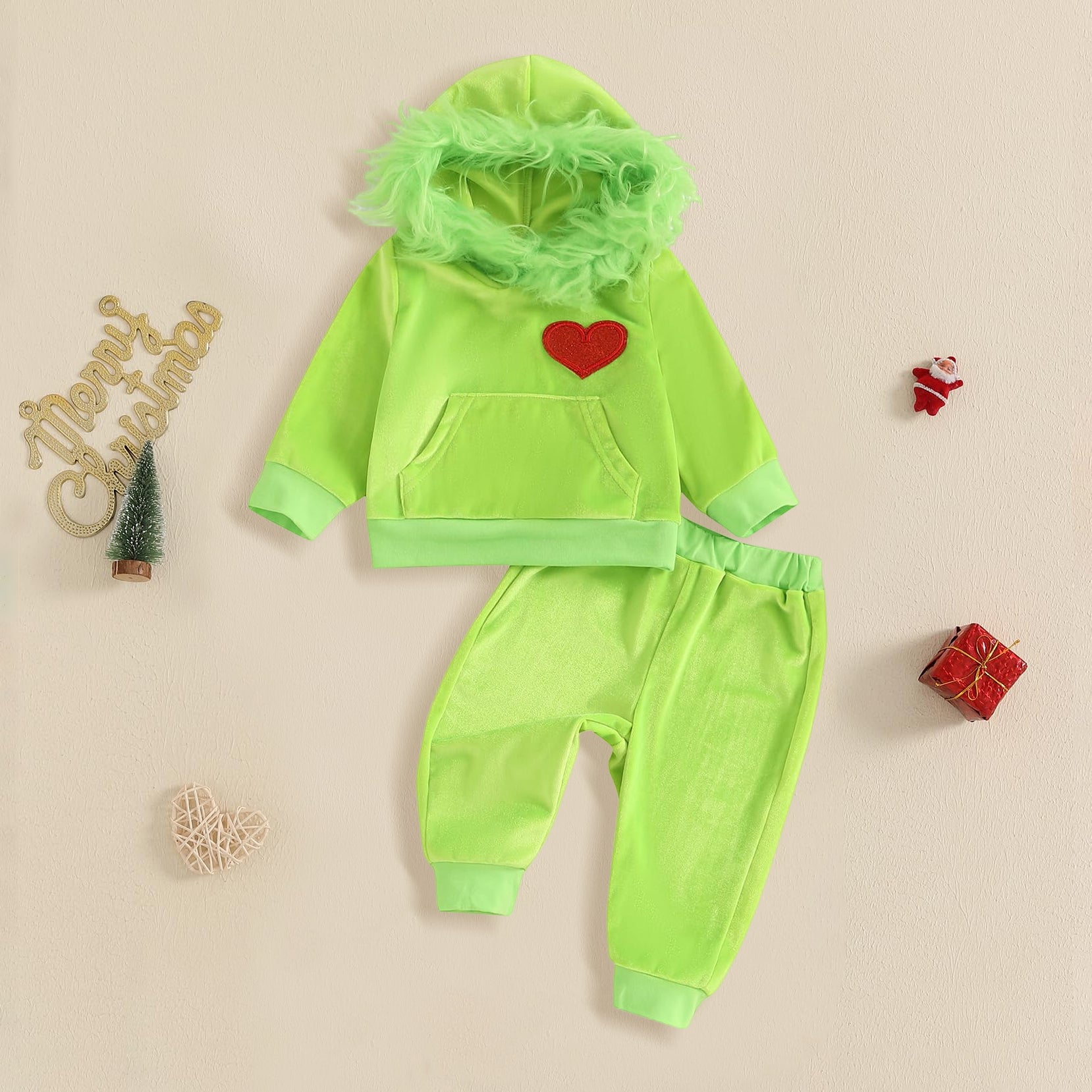 2PCS Christmas Heart Printed Long Sleeve Hoodie Baby Set