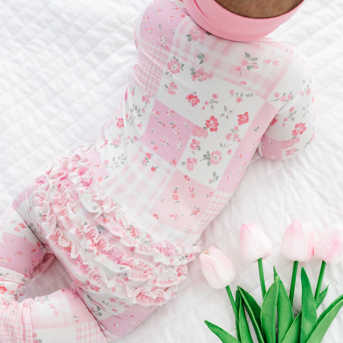 Pink Patchwork Floral Print Ruffle Zipper Long Sleeve Baby Jumpsuit