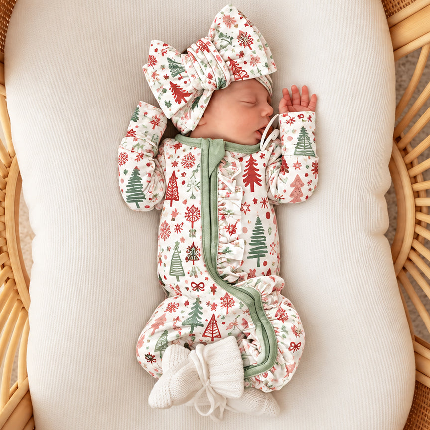 2PCS Winsome Christmas Tree Print Baby Girl Zipper Jumpsuit