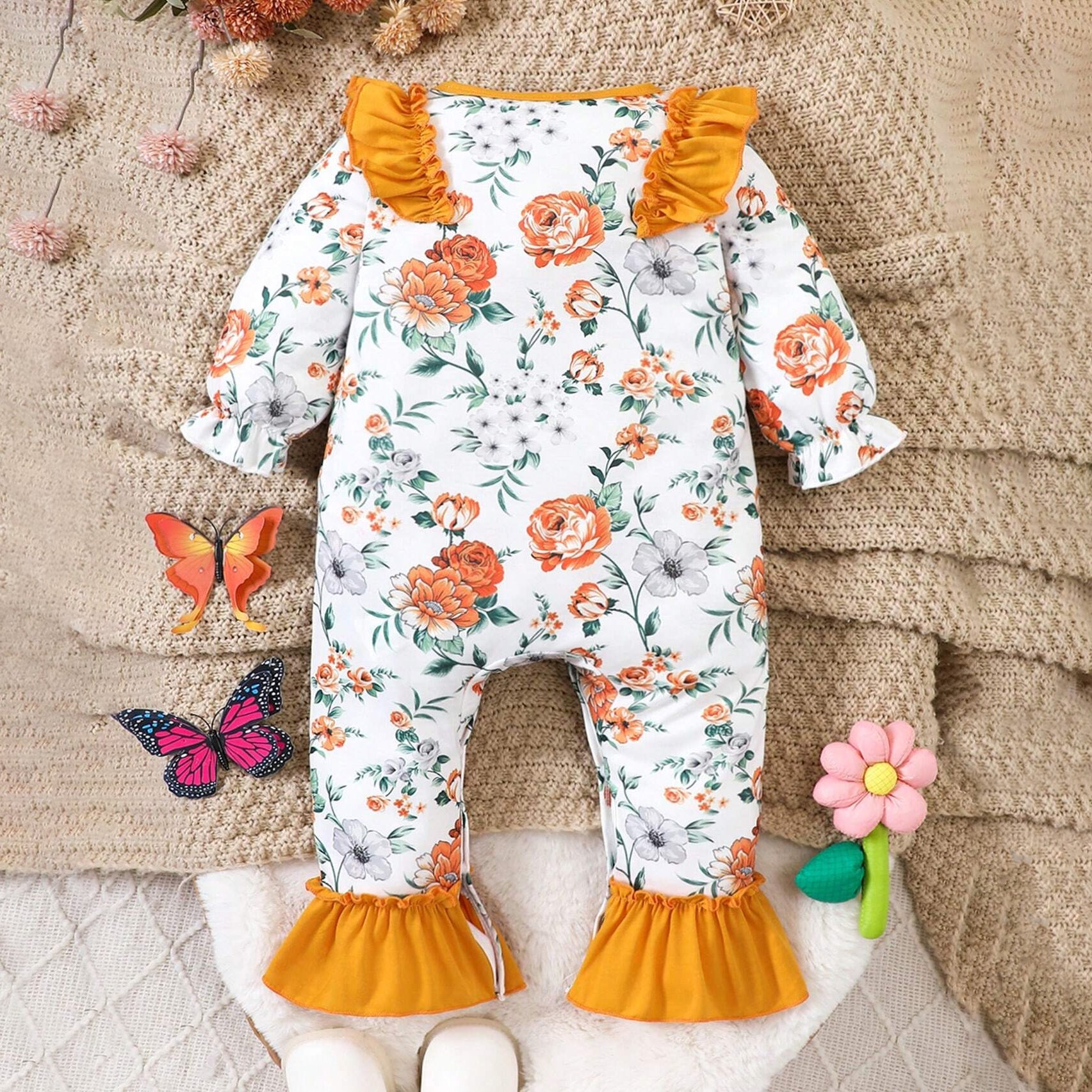 Cute Flower Printed Ruffle Trim Long Sleeve Baby Jumpsuit