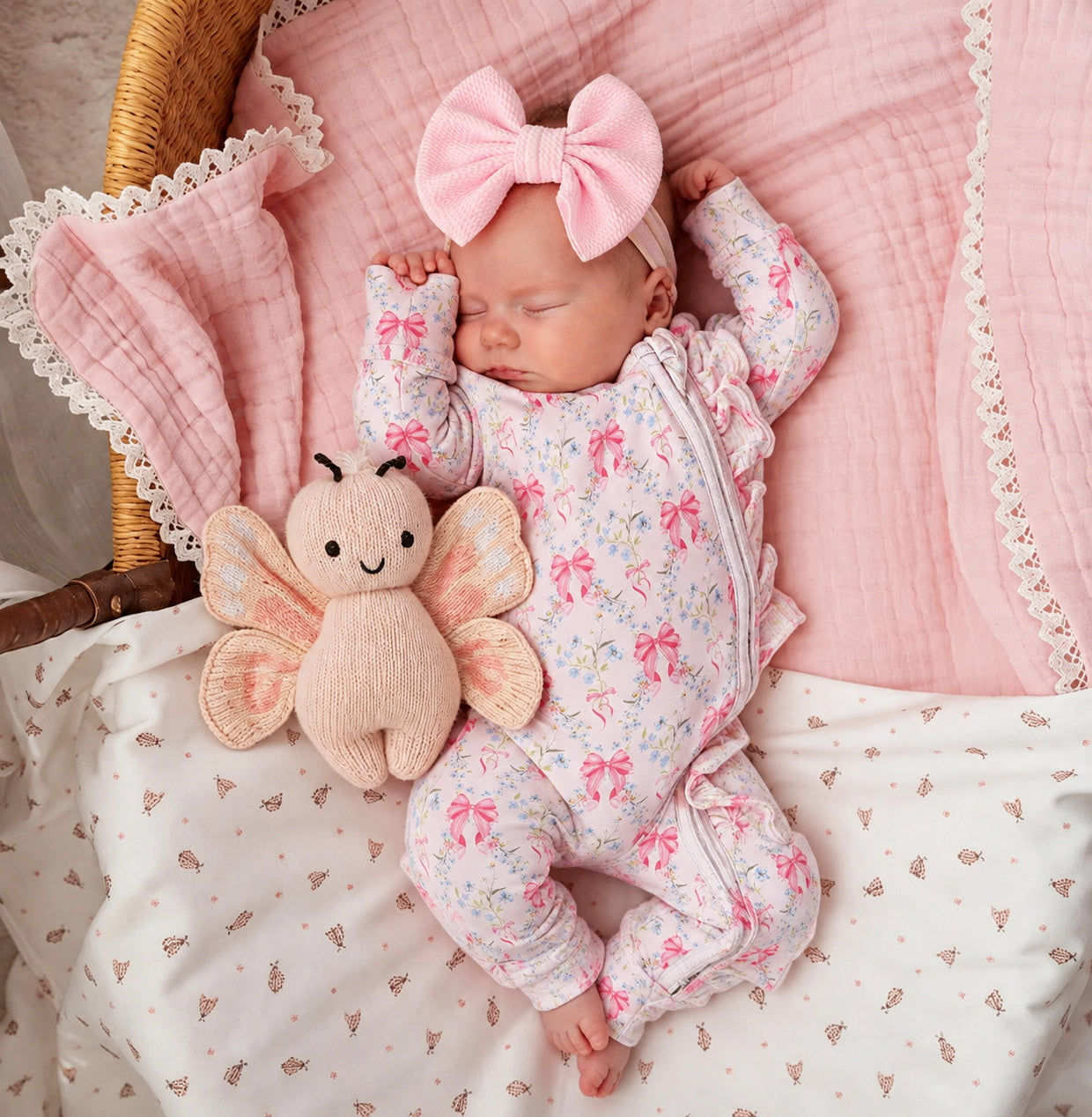Grace Floral Bow Print Zipper Long Sleeve Baby Girl Jumpsuit