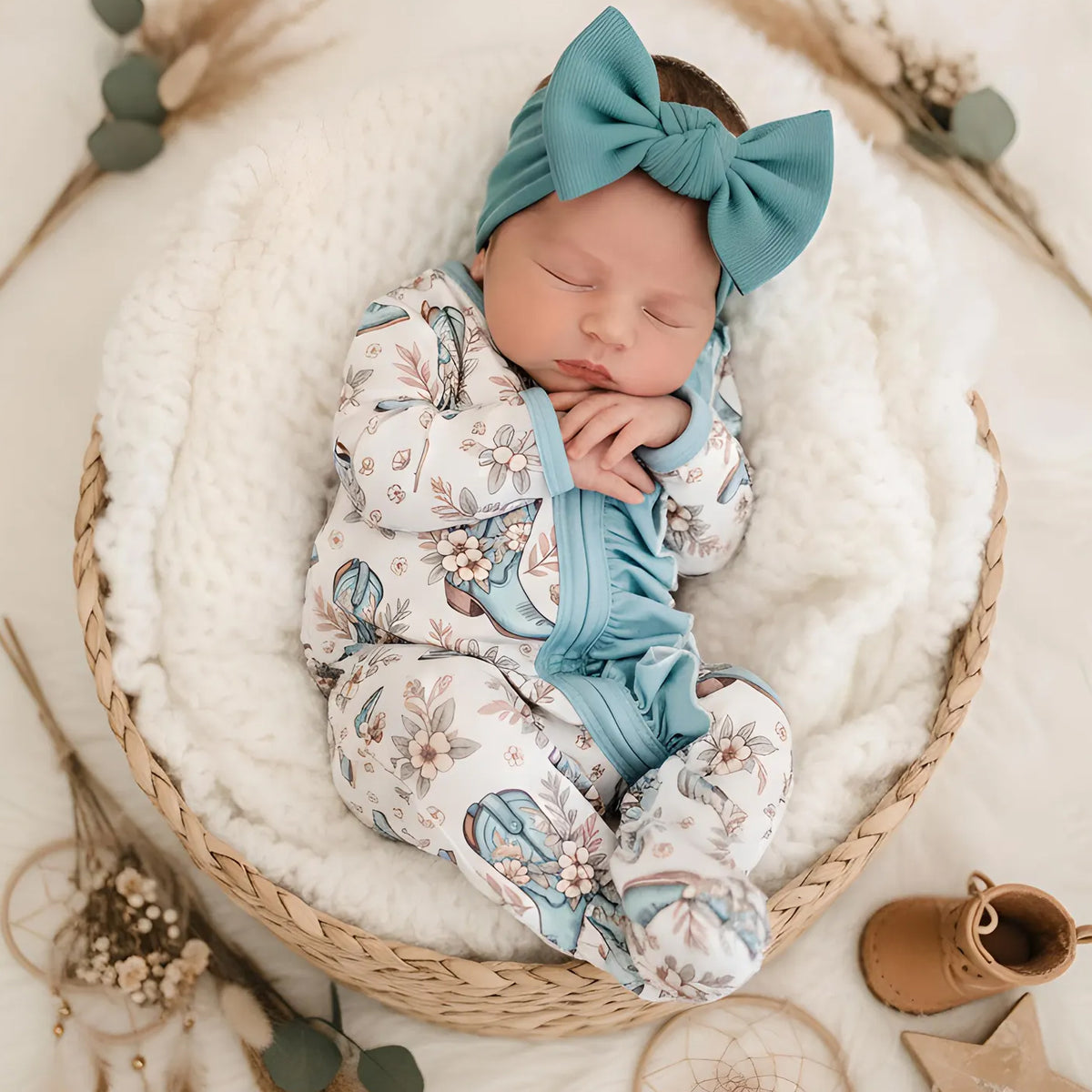 Western Floral Cowgirl Boots Print Zipper Long Sleeve Baby Jumpsuit