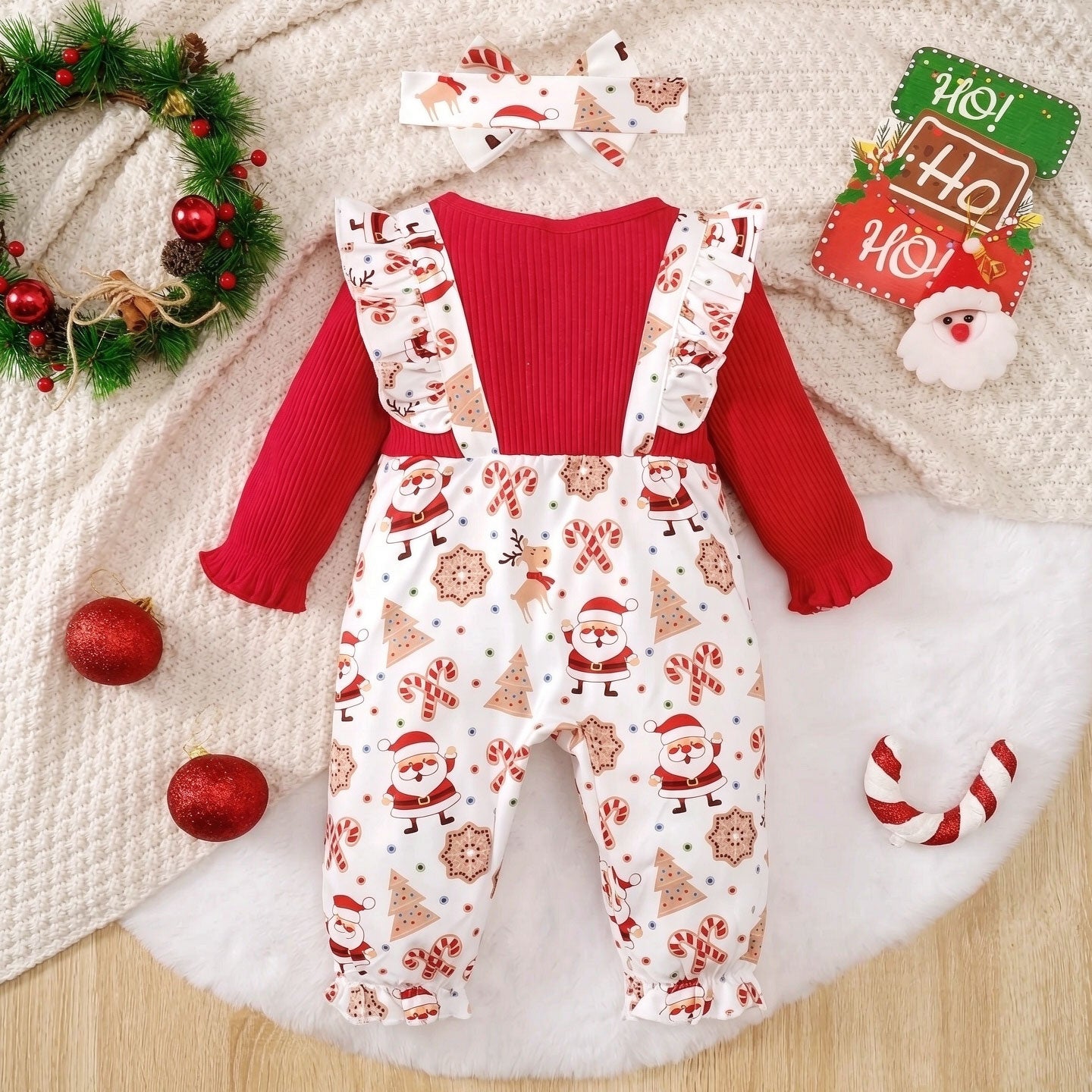 2PCS Cute Santa Claus Christmas Elements Printed Baby Jumpsuit