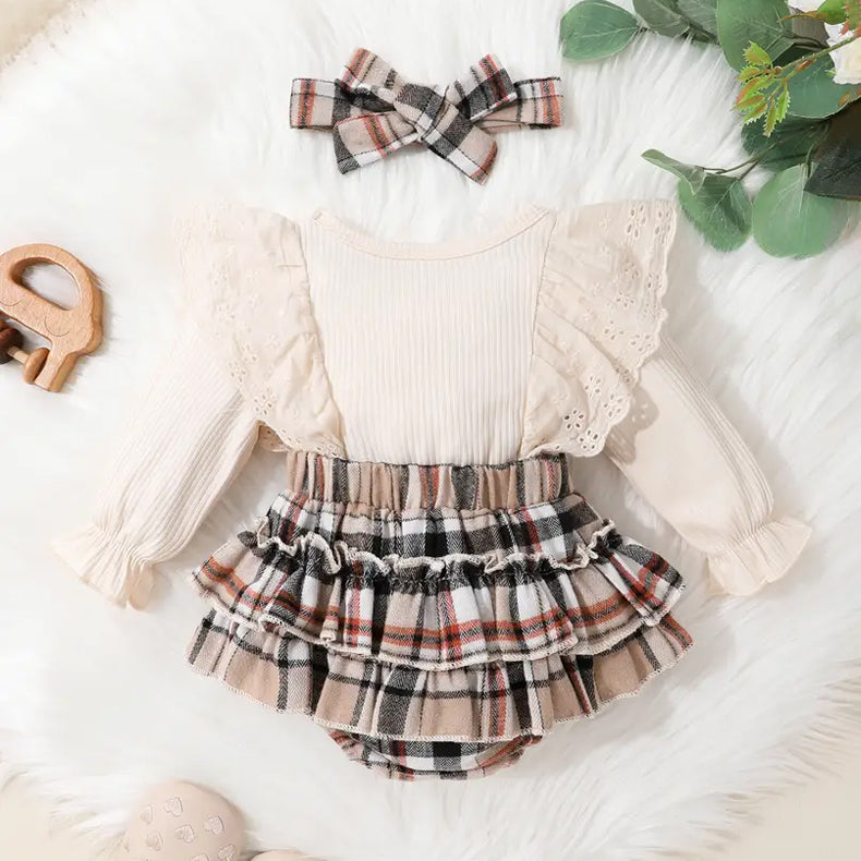 2PCS Stylish Plaid Printed Bow Detail Long Sleeve Baby Romper