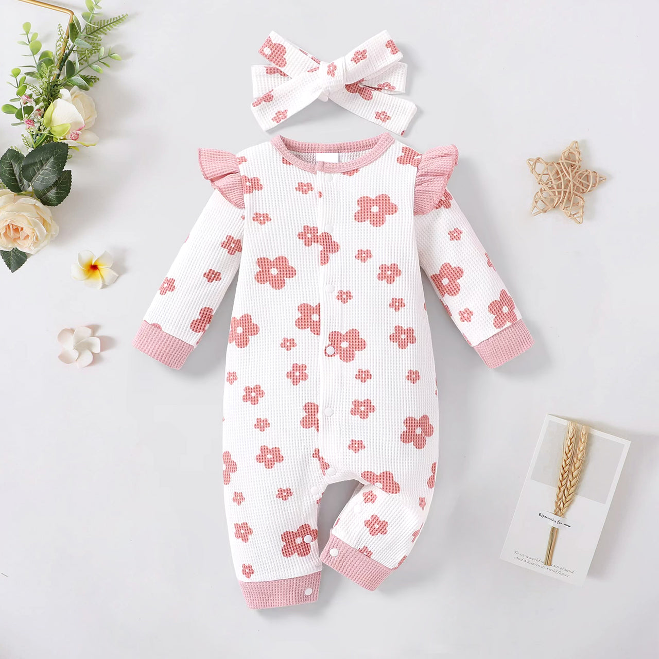 2PCS Sweet Floral Printed Ribbed Long Sleeve Baby Jumpsuit