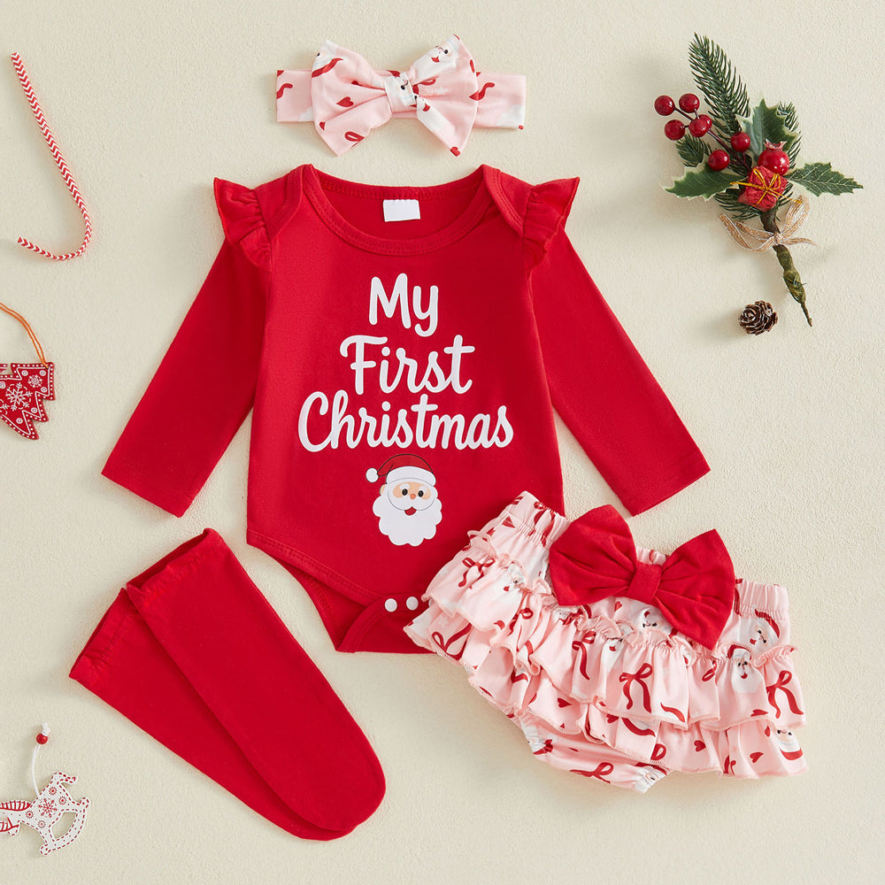 4PCS My First Christmas Letter Bow Santa Claus Print Baby Set