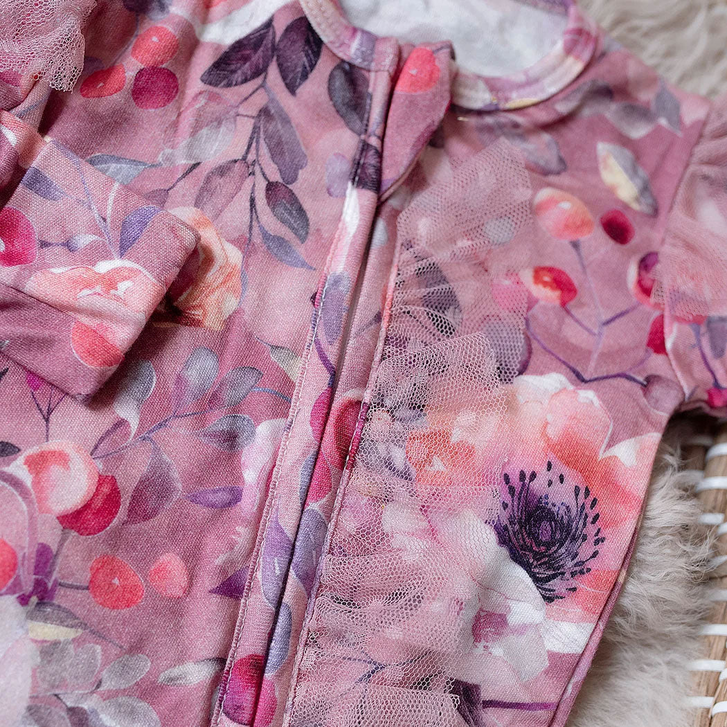 2PCS Vivid Floral Print Lace Ruffle Zipper Long Sleeve Baby Jumpsuit