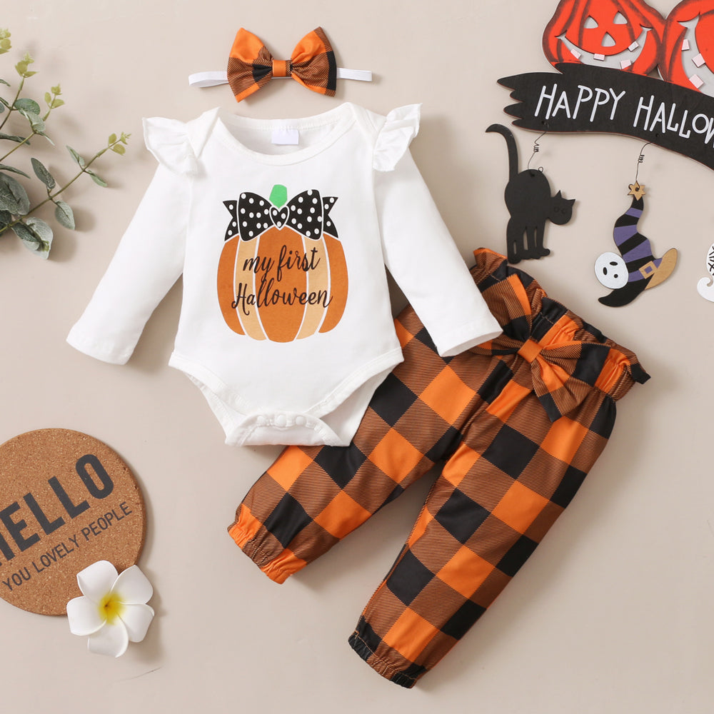 3PCS My First Halloween Letter Pumpkin Printed Plaid Baby Set
