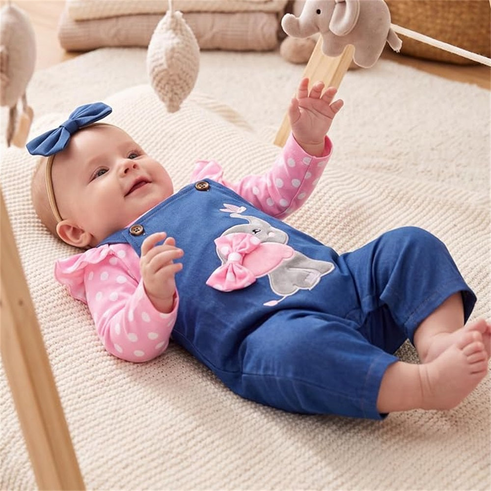 3PCS Polka-dot Top Print Elephant Embroidery Overalls Baby Set