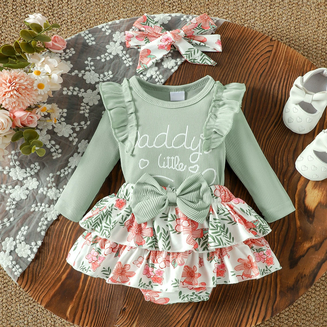3PCS Dainty Daddy's Little Girl Letter Floral Printed Baby Set