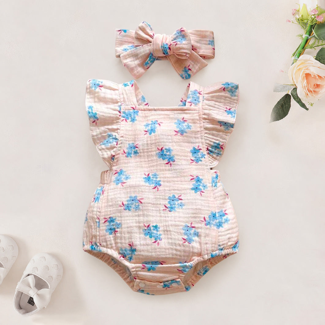 2PCS Gorgeous Floral Print Flounce Sleeve Baby Romper