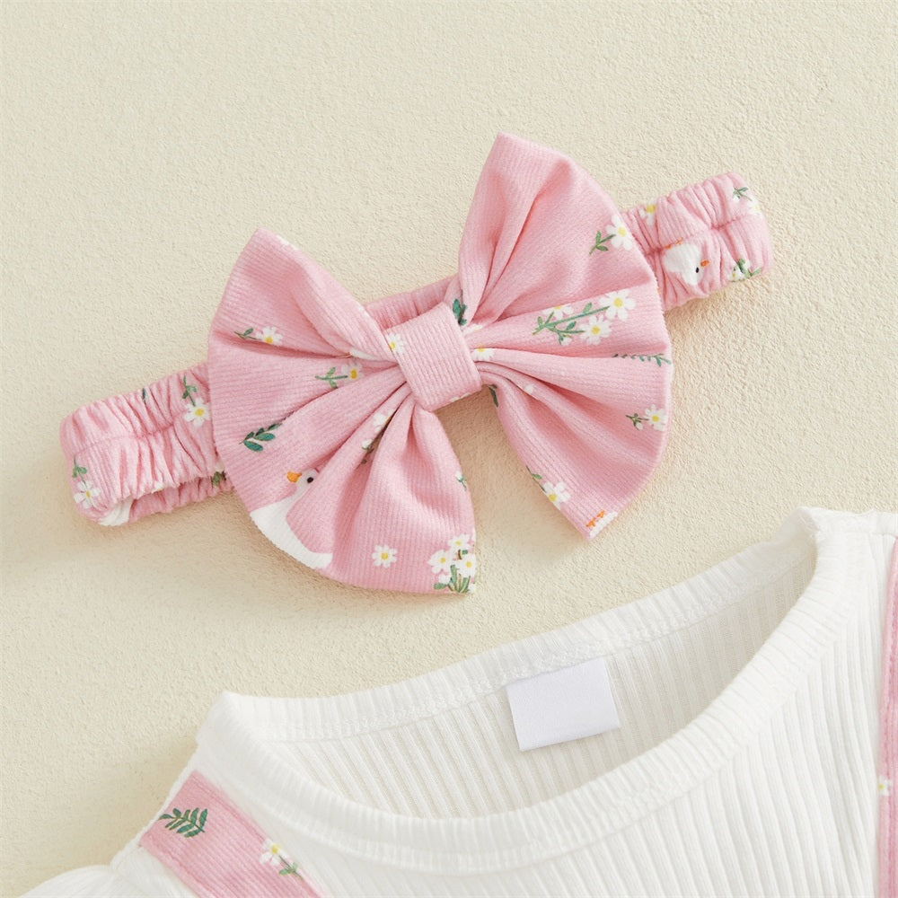 2PCS Floral Goose Printed Short Sleeve Baby Jumpsuit