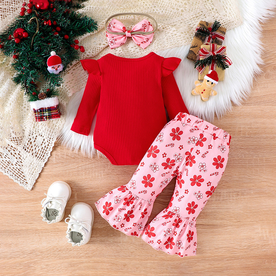 3PCS Christmas Floral Printed Long Sleeve Baby Set