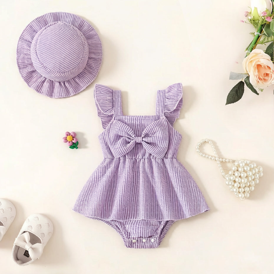 2PCS Cute Stripe Print Flutter Sleeve Baby Romper