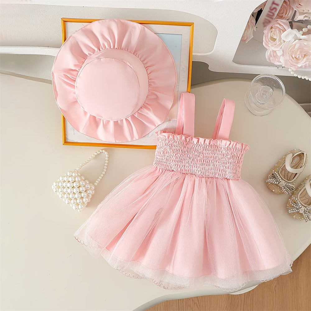 2PCS Elegant Solid Color Bow Waist Strap Lace Baby Dress