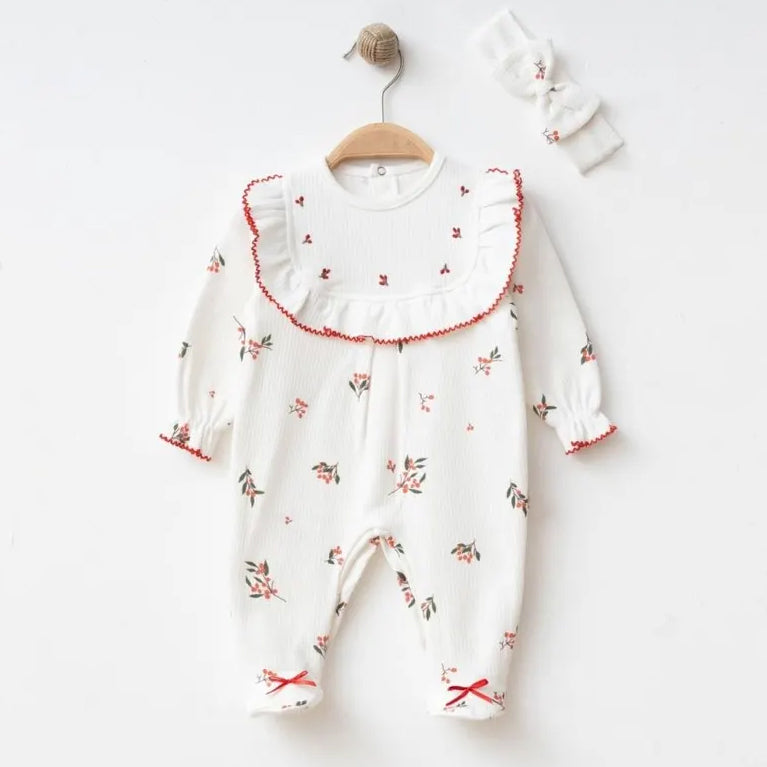 2PCS Sweet Floral Print Ruffled Collar Long Sleeve Baby Jumpsuit