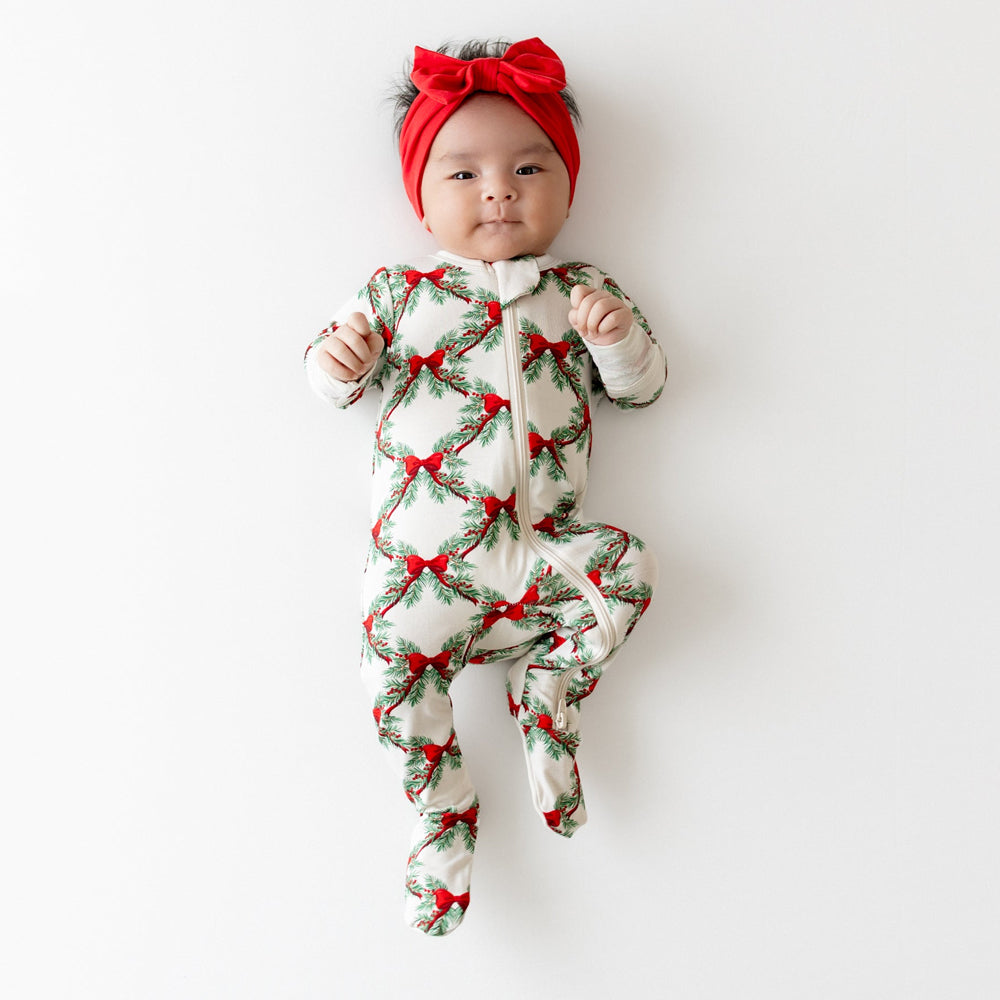 Christmas Bow Print Long Sleeve Zipper Baby Jumpsuit